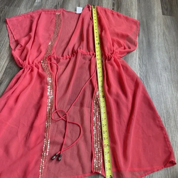 2000's Y2K Coral Pink Sequined Cover Up Shrug Kimono Sheer One Size Adjustable - Picture 4 of 6
